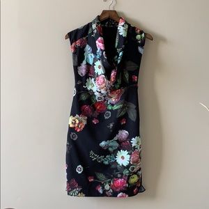 Ted Baker London Black Floral Cowl Neck Mini Dress